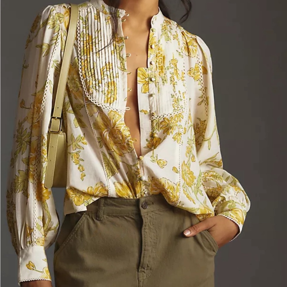 EUC Anthropologie Pintucked Printed Long Sleeve Blouse yellow motif size S